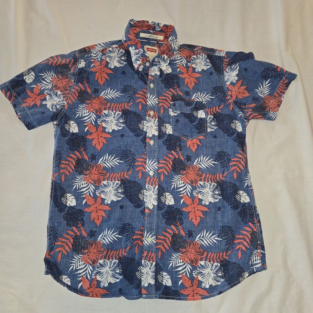 Levi's Hawaiian Style Camp Shirt Mens L Blue Floral Red White Blue